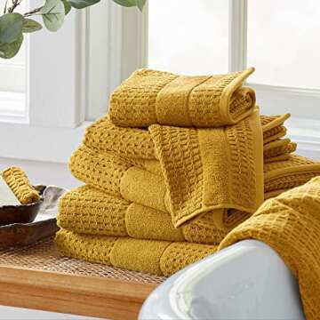 100% Cotton Super Soft Luxury Towel Set | Quick-Dry and Highly Absorbent | Waffle Textured | 550 GSM | 2 Bath Towels, 2 Hand Towels, & 2 Washcloths | Harper Collection (Mustard Yellow)