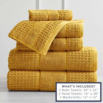 100% Cotton Super Soft Luxury Towel Set | Quick-Dry and Highly Absorbent | Waffle Textured | 550 GSM | 2 Bath Towels, 2 Hand Towels, & 2 Washcloths | Harper Collection (Mustard Yellow)