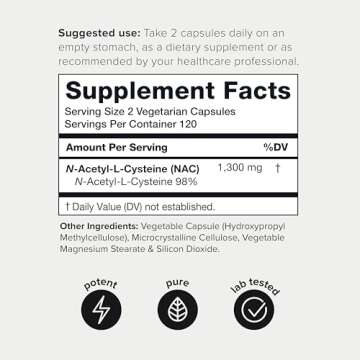 Toniiq 1300mg NAC - 4 Month Supply - Min. 98%+ Tested Purity - Ultra High Strength Bioavailable NAC Cysteine Supplement - 240 Vegetarian N Acetyl Cysteine Capsules -Lab Tested TQ