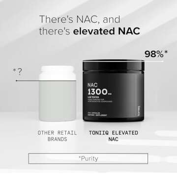Toniiq 1300mg NAC - 4 Month Supply - Min. 98%+ Tested Purity - Ultra High Strength Bioavailable NAC Cysteine Supplement - 240 Vegetarian N Acetyl Cysteine Capsules -Lab Tested TQ