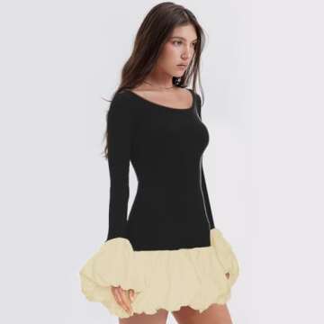 Womens Y2K Bubble Mini Dress Causal Flared Long Sleeve Drop-Waist A Line Puffy Slim Fit Short Dresses Apricot S