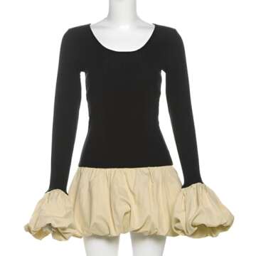 Womens Y2K Bubble Mini Dress Causal Flared Long Sleeve Drop-Waist A Line Puffy Slim Fit Short Dresses Apricot S