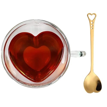 Heart Shaped Cup - Double Walled Insulated Glass Coffee Mug or Tea Cup - Double Wall Glass 8oz (240ml) - Clear - Unique & Insulated with Handle - With Teaspoon