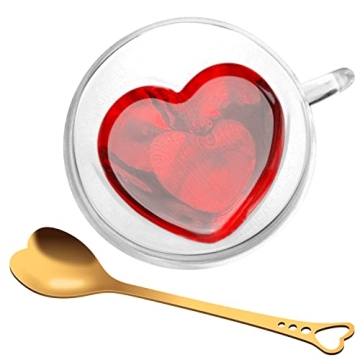 Heart Shaped Cup - Double Walled Insulated Glass Coffee Mug or Tea Cup - Double Wall Glass 8oz (240ml) - Clear - Unique & Insulated with Handle - With Teaspoon