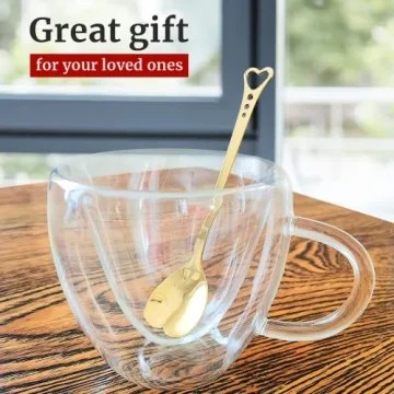 Heart Shaped Cup - Double Walled Insulated Glass Coffee Mug or Tea Cup - Double Wall Glass 8oz (240ml) - Clear - Unique & Insulated with Handle - With Teaspoon