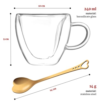 Heart Shaped Cup - Double Walled Insulated Glass Coffee Mug or Tea Cup - Double Wall Glass 8oz (240ml) - Clear - Unique & Insulated with Handle - With Teaspoon