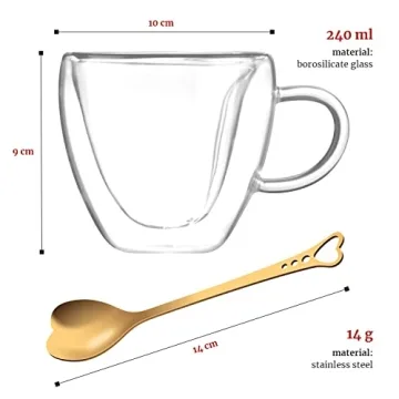 Heart Shaped Cup - Double Walled Insulated Glass Coffee Mug or Tea Cup - Double Wall Glass 8oz (240ml) - Clear - Unique & Insulated with Handle - With Teaspoon