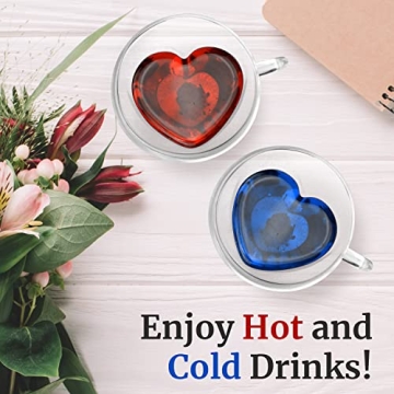 Heart Shaped Cup - Double Walled Insulated Glass Coffee Mug or Tea Cup - Double Wall Glass 8oz (240ml) - Clear - Unique & Insulated with Handle - With Teaspoon