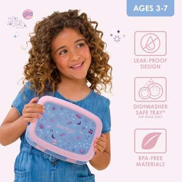 Bentgo Kids Prints Leak-Proof, 5-Compartment Bento-Style Kids Lunch Box - Ideal Portion Sizes for Ages 3-7, Durable, Drop-Proof, Dishwasher Safe, & Made with BPA-Free Materials (Lavender Galaxy)