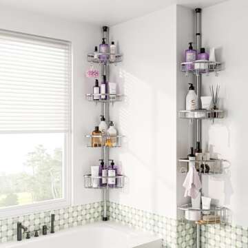Corner Shower Caddy Tension Pole: Stainless Steel Rustproof 4-Tier Shower Organizer - 47-121 inch Ad...