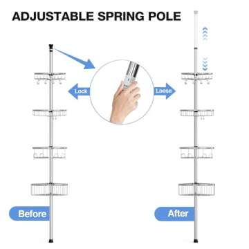 Corner Shower Caddy Tension Pole: Stainless Steel Rustproof 4-Tier Shower Organizer - 47-121 inch Adjustable Bathroom Shelves for Bathtub Shampoo Storage - Tension Rod Floor Standing Bath Rack -Silver