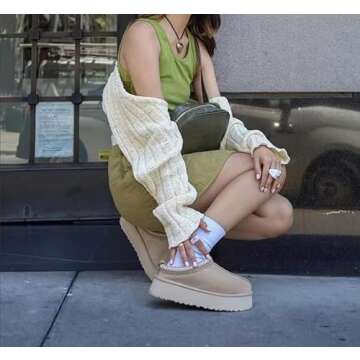 Wtoky Platform Women's Huggy Genuine Suede Cozy Mule Platform Memory Foam Sliper Beige 9