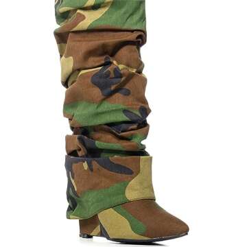 Yishaweiqi Slouched Ruched Fold Over Boots for Women Covered Wedge Heel Patent Leather Knee High Boots Wide Calf Pointed Toe Casual Boots