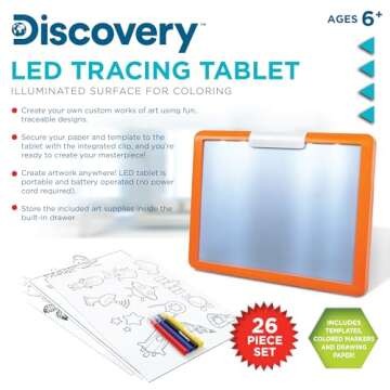 Discovery LED Tracing Tablet, 26-Piece Set with Washable Markers, Tracing & Template Sheets, Battery Powered Doodle Activity Lightboard, Kids Drawing & Sketching Portable Travel Art Set, Toy Gift