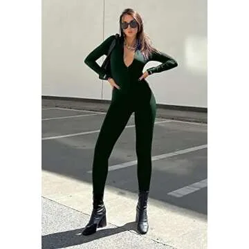PRETTYGARDEN Women's Sexy Bodycon Jumpsuit Long Sleeve Zipper One Piece Romper Outfits Clubwear (Army Green,Small)
