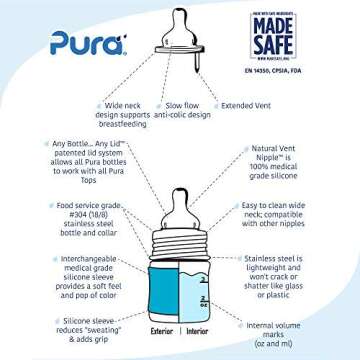 Pura Kiki 5oz/150ml Stainless Steel Anti-Colic Infant Bottle w/Silicone Natural Vent Nipple & Sleeve, 100% Plastic-Free, MadeSafe Certified, Medical-Grade Silicone (Natural Mirror)