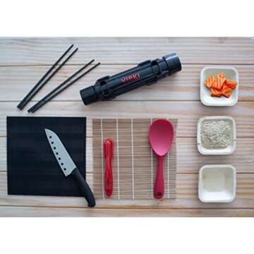 Virki Premium Sushi Making Kit, Sushi Bazooka, Bamboo and Silicone Sushi Rolling Mats, Silicone Rice Spoon, Sushi Knife, 5 Sets Black Fiberglass Chopsticks, Nigiri Rice Mold, Storage Bag