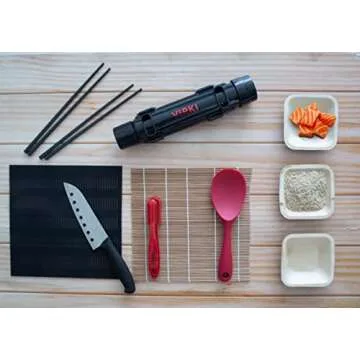 Virki Premium Sushi Making Kit, Sushi Bazooka, Bamboo and Silicone Sushi Rolling Mats, Silicone Rice Spoon, Sushi Knife, 5 Sets Black Fiberglass Chopsticks, Nigiri Rice Mold, Storage Bag