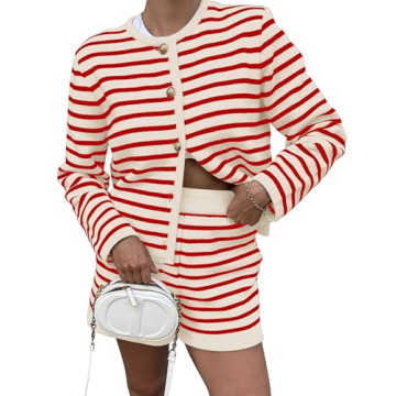 ICOBID Womens Striped 2 Piece Outfits Long Sleeve Crew Neck Button Lounge Short Set Casual Knit Swea...