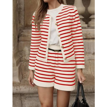 ICOBID Womens Striped 2 Piece Outfits Long Sleeve Crew Neck Button Lounge Short Set Casual Knit Sweater High Waist Shorts Red