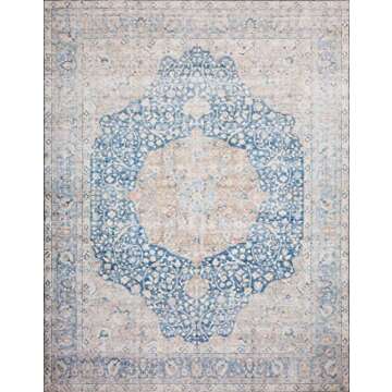 Loloi Layla Collection, LAY-07, Blue/Tangerine, 7'-6" x 9'-6", .13" Thick, Area Rug, Soft, Durable, Vintage Inspired, Distressed, Low Pile, Non-Shedding, Easy Clean, Printed, Living Room Rug