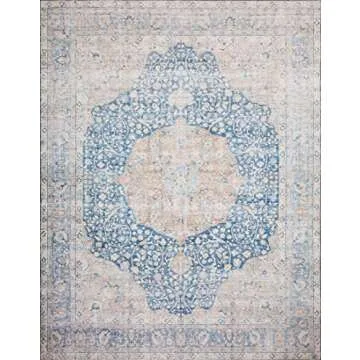 Loloi Layla Collection, LAY-07, Blue/Tangerine, 7'-6" x 9'-6", .13" Thick, Area Rug, Soft, Durable, Vintage Inspired, Distressed, Low Pile, Non-Shedding, Easy Clean, Printed, Living Room Rug