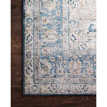 Loloi Layla Collection, LAY-07, Blue/Tangerine, 7'-6" x 9'-6", .13" Thick, Area Rug, Soft, Durable, Vintage Inspired, Distressed, Low Pile, Non-Shedding, Easy Clean, Printed, Living Room Rug