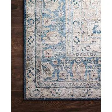Loloi Layla Collection, LAY-07, Blue/Tangerine, 7'-6" x 9'-6", .13" Thick, Area Rug, Soft, Durable, Vintage Inspired, Distressed, Low Pile, Non-Shedding, Easy Clean, Printed, Living Room Rug