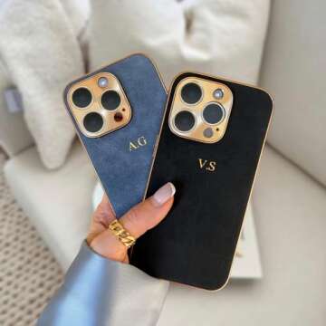 Luxury Personalized Case for iPhone – Custom Initials and Name Leather Case, Monogram, Shockproof, Personalised Suede Case, Gold, Embossed, Engraved, Handmade, Gift for her, Gift, Unique Phone Case
