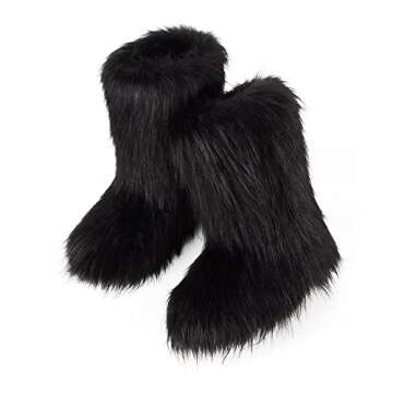 ZOSCGJMY Faux Fur Boots for Women Fuzzy Fluffy Furry Round Toe Suede Winter Snow Boots Flat Shoes Bl...