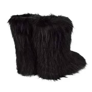 ZOSCGJMY Faux Fur Boots for Women Fuzzy Fluffy Furry Round Toe Suede Winter Snow Boots Flat Shoes Black-2 6