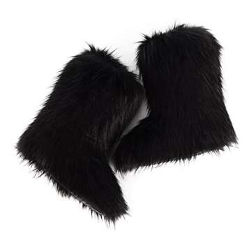 ZOSCGJMY Faux Fur Boots for Women Fuzzy Fluffy Furry Round Toe Suede Winter Snow Boots Flat Shoes Black-2 6