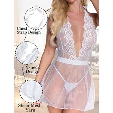 Dlsave Sexy Lingerie Lace Babydoll V-Neck Teddy Sexy Exotic Lingerie Halter Back Mesh Petticoat Lingerie for Women Short Dress Chemise Sleepwear(Small, AWhite)