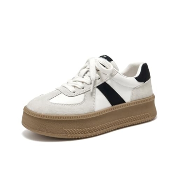 BEAU TODAY Women's Stylish Platform Sneakers - Comfortable Retro Trainers in Beige-Black