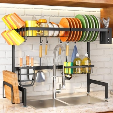 Over The Sink Dish Drying Rack - Adjustable (26.8" to 34.6") with Multiple Baskets & Holder