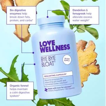 Love Wellness Bye Bye Bloat, Digestive Enzymes | Bloating Relief for Women | Help Reduce Gas Relief & Water Retention | Supports Digestive Health with Fenugreek & Dandelion | 180 Count