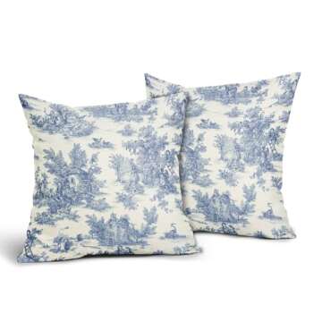 aportt French Country Pillow Covers Set of 2 18x18 Inch Vintage Toile Blue Cotton Linen Polyester De...