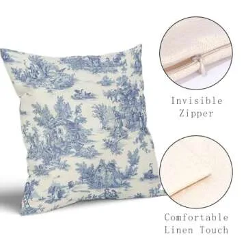 aportt French Country Pillow Covers Set of 2 18x18 Inch Vintage Toile Blue Cotton Linen Polyester Decorative Throw Pillow Case Cushion Cover for Bedroom Sofa Living Room Couch Chair Office