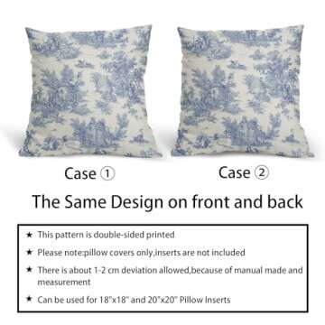 aportt French Country Pillow Covers Set of 2 18x18 Inch Vintage Toile Blue Cotton Linen Polyester Decorative Throw Pillow Case Cushion Cover for Bedroom Sofa Living Room Couch Chair Office