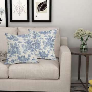 aportt French Country Pillow Covers Set of 2 18x18 Inch Vintage Toile Blue Cotton Linen Polyester Decorative Throw Pillow Case Cushion Cover for Bedroom Sofa Living Room Couch Chair Office