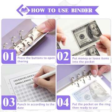 NICOOTH 100 Envelopes Money Saving Binder - A5 Savings Challenge Book (Purple)