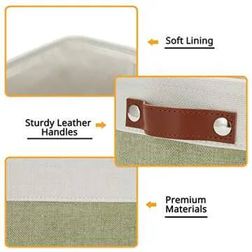 DULLEMELO Small Storage Basket, Fabric Collapsible Gift Storage Basket for Shelves, Closets, Nursery, Home, Office Organizing, Small Canvas Linen Rectangular Storage Bin with Handles (White&Green)