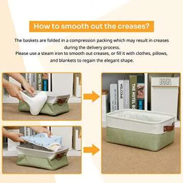 DULLEMELO Small Storage Basket, Fabric Collapsible Gift Storage Basket for Shelves, Closets, Nursery, Home, Office Organizing, Small Canvas Linen Rectangular Storage Bin with Handles (White&Green)