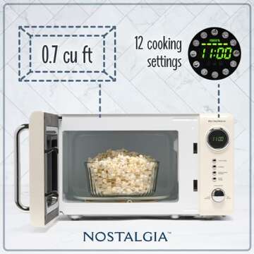 Nostalgia NRMO7IVY6A Retro Compact Countertop Microwave Oven, 0.7 Cu. Ft, Ivory