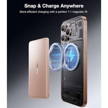 TORRAS MiniMag Power Bank, Ultra Slim 5,000mAh Wireless Portable Charger with USB-C Cable, Fast Charging Magnetic Battery Pack, Magsafe-Compatible Charger for iPhone 16/15/14/13/12, Desert Gold