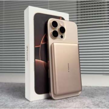 TORRAS MiniMag Power Bank, Ultra Slim 5,000mAh Wireless Portable Charger with USB-C Cable, Fast Charging Magnetic Battery Pack, Magsafe-Compatible Charger for iPhone 16/15/14/13/12, Desert Gold