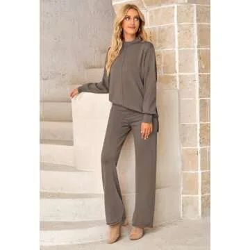 Women Knit Top and Pants Set Oversized Turtleneck Sweater Pullover Wide Leg Pants Leisure Loungewear Khaki S