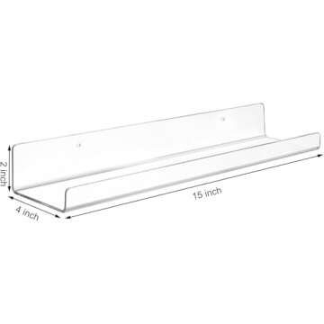 Minimalist Floating Shelves Wall Mounted Set of 6, 4 mm Clear Thinkness Book Shelf Acrylic Album Record Holder Display for Bedroom Living Room Bathroom Kitchen Office Clear(15inch-Wider-6Pack)