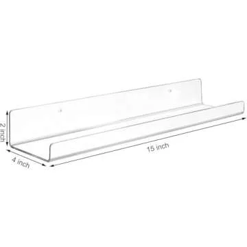 Minimalist Floating Shelves Wall Mounted Set of 6, 4 mm Clear Thinkness Book Shelf Acrylic Album Record Holder Display for Bedroom Living Room Bathroom Kitchen Office Clear(15inch-Wider-6Pack)