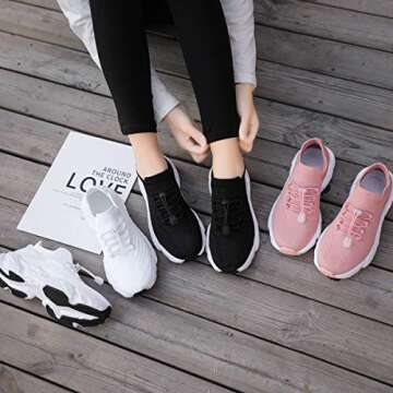 Inber Womens Walking Tennis Shoes - Slip On Mesh Sock Sneakers Elastic Antiskid Running Shoes for Workout Gym Travel White 9